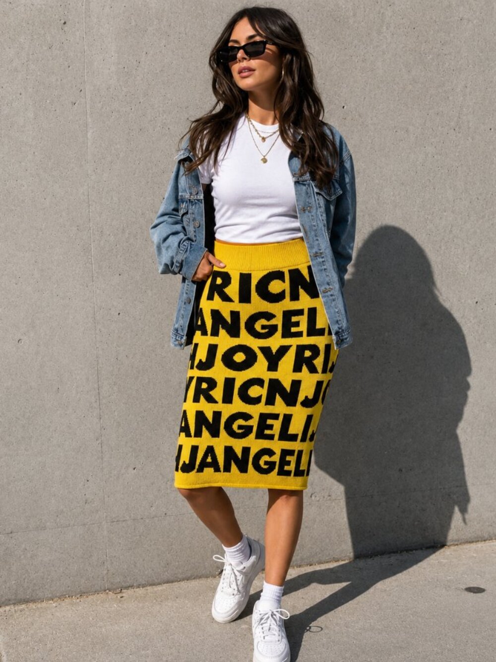 Joyrich Logo Jacquard Knit Midi Pencil Skirt Yellow Black